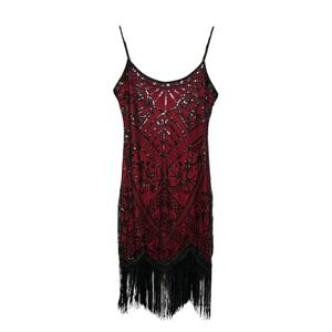 Sequin Fringe Flapper Midi Dress Red Black M Costume Cosplay Halloween Costume